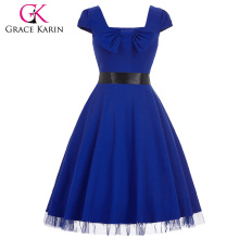 Grace Karin Stock Square Neck High Stretchy Blue Cap Ärmel Retro Vintage Kleid CL008951-3